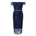 thumbnail image 4 of Yindaity Women's Elegant Floral Lace Fixed V Neck Fluttering Short Sleeves Knee Length Dress Blue,L, 4 of 5