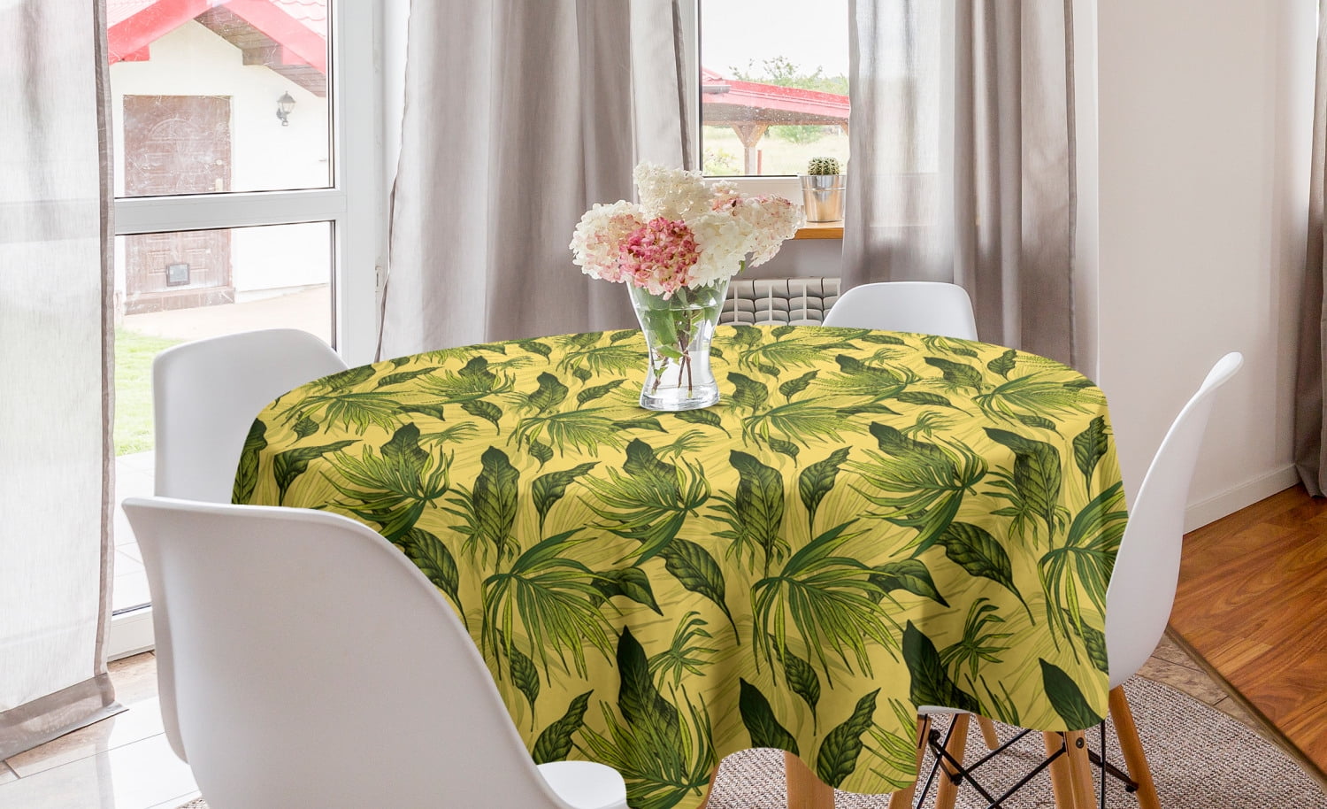 Tropical Round Tablecloth, Energetic Print of Exotic Leaves and