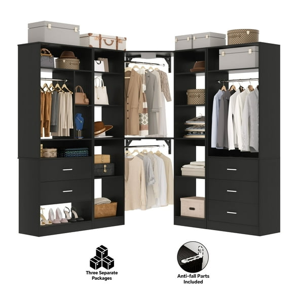 Homieasy Freestanding Closet System with 3 Sets, 87.2" Closet Organizer System with 5 Drawers & 4 Hanging Rods, Reversible L Shaped Walk-in Closets, Black