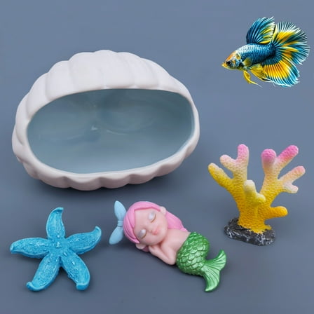 Aquarium Decor Hideout Cave 4Pack Kit, Shell Shaped Hideaway House Cute Mermaid Artificial Coral Starfish for Betta Fish, Cichlid, Shrimp, Turtle, Frog, Ceramic Hamster House