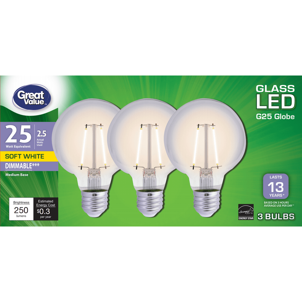 Great Value LED Light Bulb G25 25W Eqv. Softwhite, E26 Base, 3 Pack