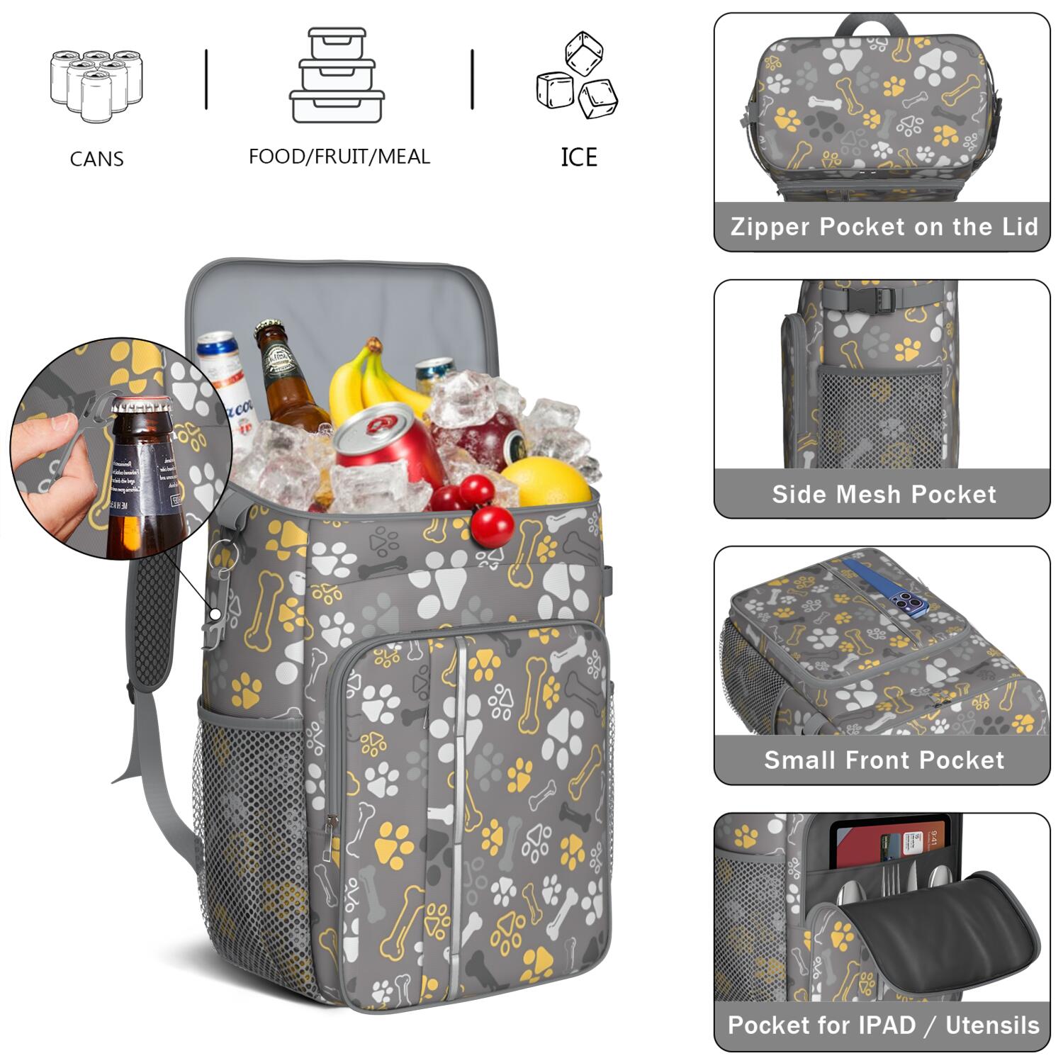 Travel Cooler Bag - Dog Paw and Bone Camping Beer Cooler Backpack with Bottle Opener- Waterproof Insulated Picnic Backpacks - Cooler Bag for Beach