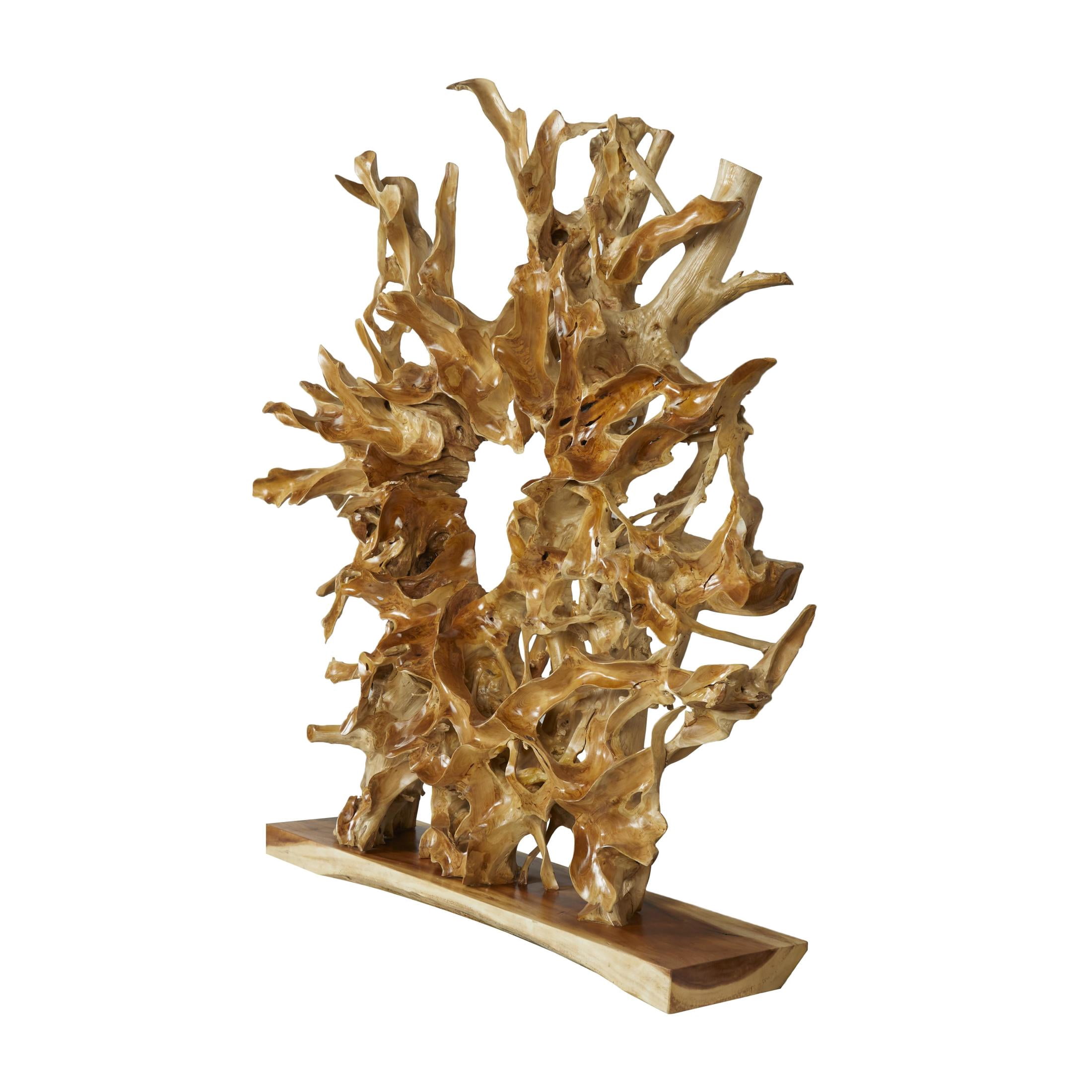 83" x 82" Light Brown Teak Wood Handmade Large Oversized Tree Root Floor Abstract Sculpture, by DecMode