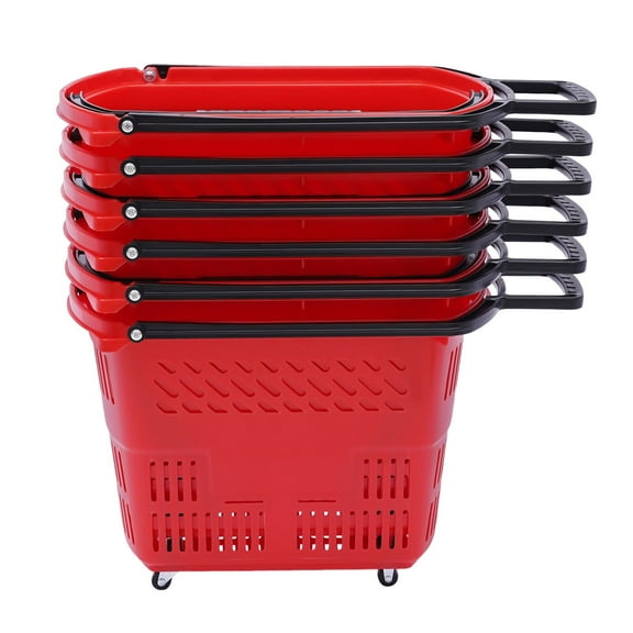 6Pcs Red Rolling Shopping Basket Plastic Rolling Shopping Carts with Handle 35L