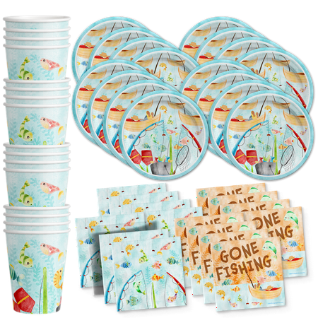Little Fishing Birthday Party Supplies Set Plates Napkins Cups Tableware Kit for 16