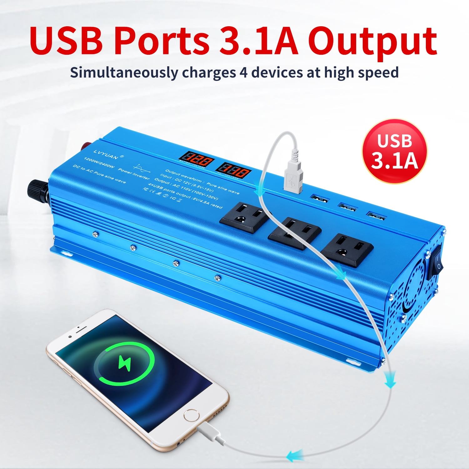 LVYUAN 1200W 2400W Peak Pure Sine Wave Power Inverter 12V to 110V DC to AC Converter with LED Display, 3 US Outlets, 4 USB, Ideal for Vehicles, RVs, Outdoor & Home Use