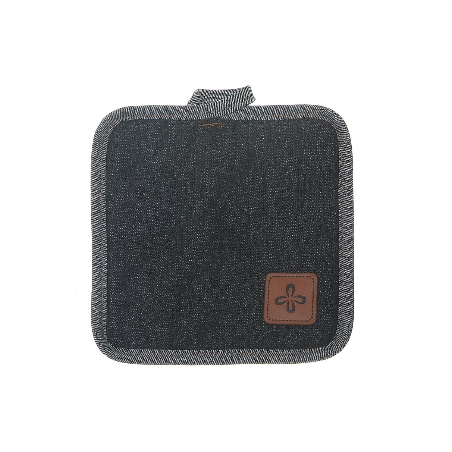 Black Denim Pot Holder With Leather Badge - Set of 4