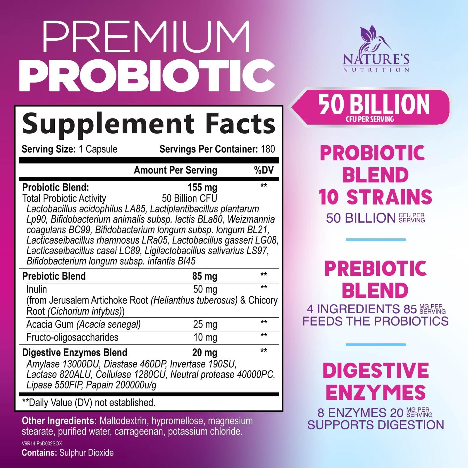 Probiotics - 50 Billion CFU per Capsule - 10 Strains & Prebiotics - Probiotics for Women & Men - Supports Digestive Gut Health, Bloating & Occasional Constipation - USA Bottled - 180 Capsules