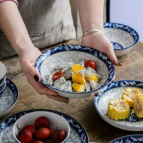 4PCS Retro Blue White Ceramic Bowls - Microwave Safe Oval Tableware with Floral Tropical Patterns for Christmas Thanksgiving Halloween Outdoor Leisure & Home Kitchen Use