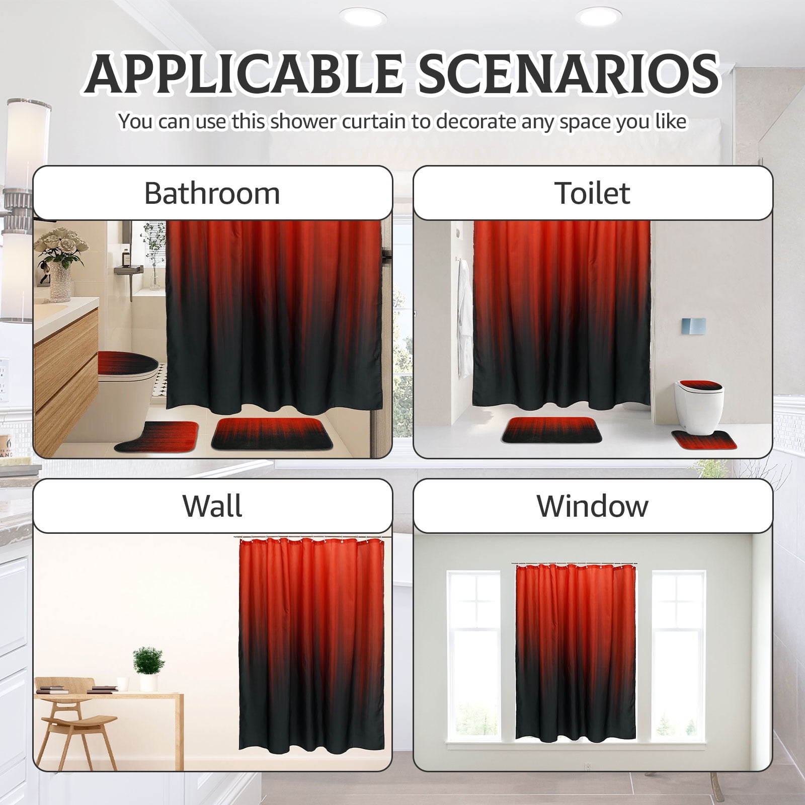 Dznils Black and Red Ombre Shower Curtain Set with Rug, 16pc Modern Bathroom Decor Set, 72" x 72"