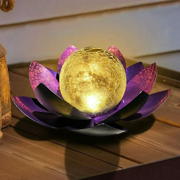 Large LED Metal Lotus Flower Solar Lights, EpicGadget Solar Light Outdoor Waterproof Crackle Globe Glass Lotus Garden Decoration Light for Tabletop, Ground, Yard, Patio, Landscape, Pathway (Purple)