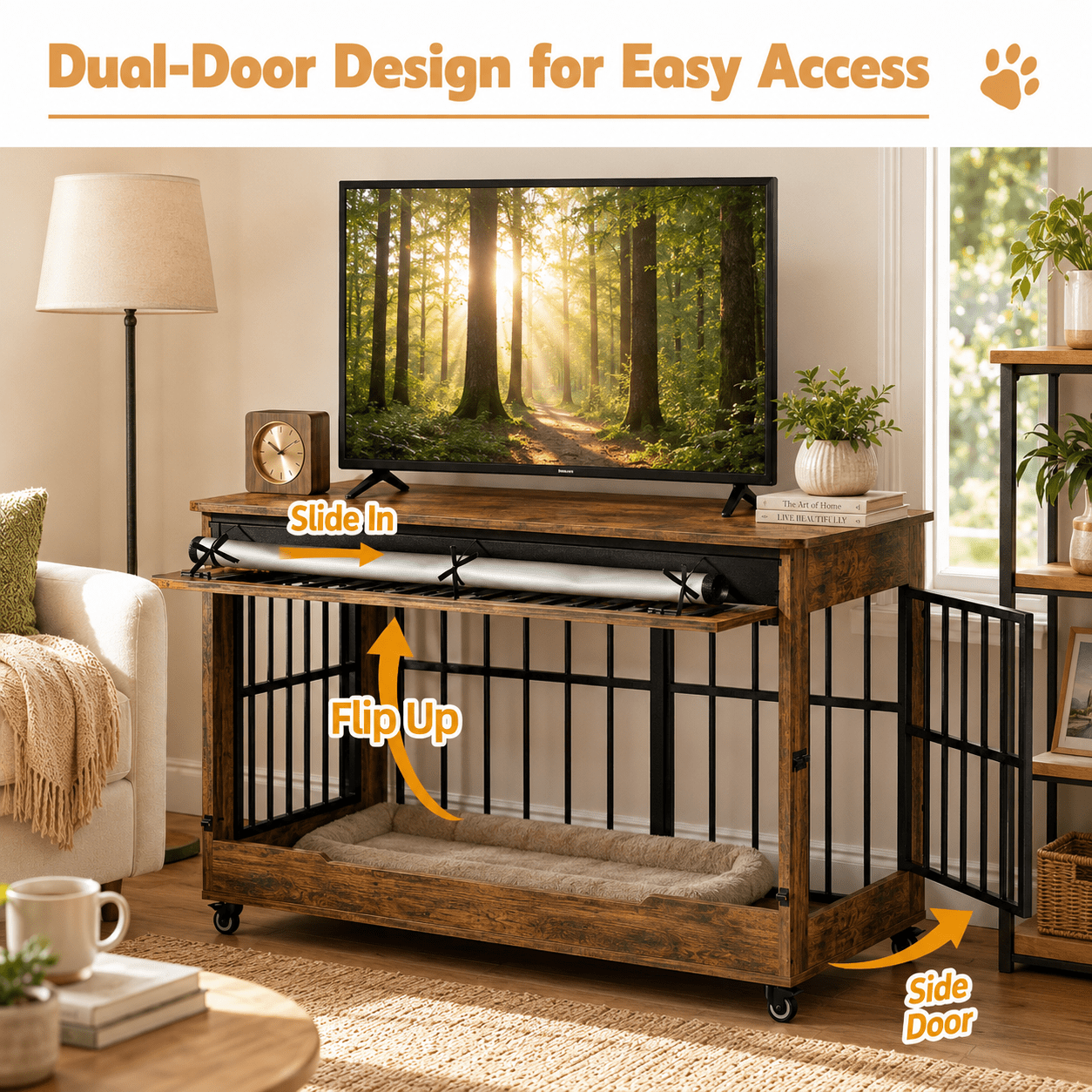 Aukfa 38.6-Inch Large Dog Crate Furniture, Indoor Dog Kennel Decorative Pet Cage End Table, Lift-Up Door, Curtain & Wheels,Rustic Brown