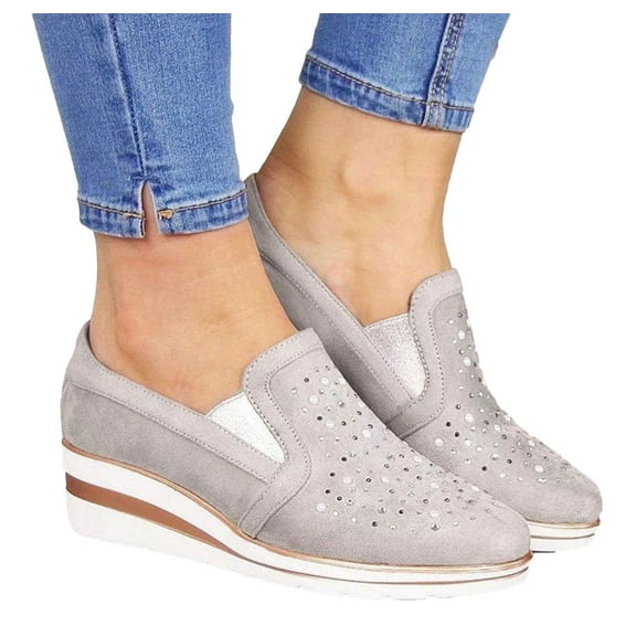 JINMGG Wedges for Women Plus Clearance Summer Casual Wedge Walking Shoes Women Rhinestone Breathable Plus Size Sneakers Gray 38