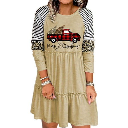 

Frontwalk Pajama Dress For Women Casual Lounge Long Sleeve T-shirt Dress Crew Neck Christmas Xmas Party Dresses Beige L