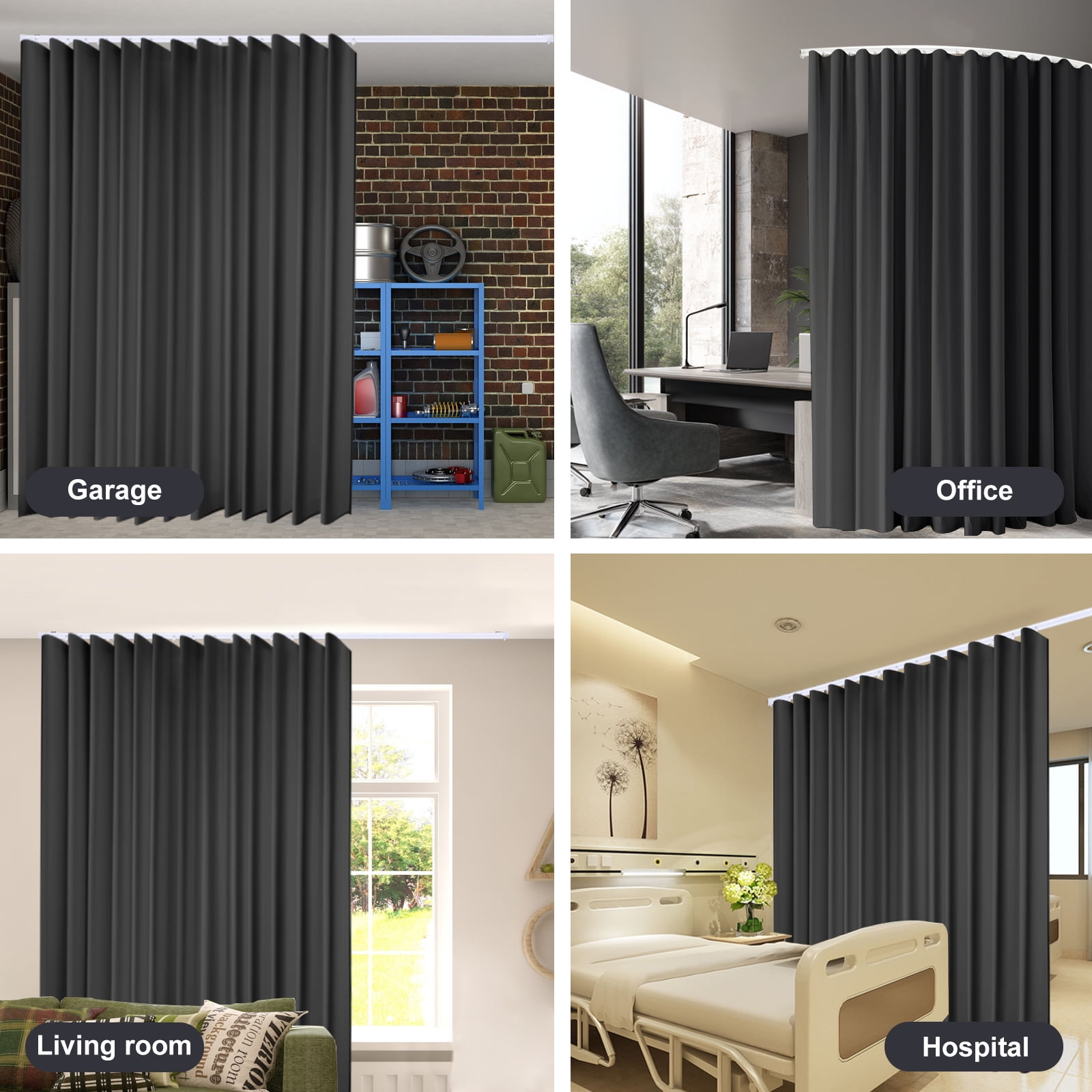 CBSRORO Room Divider Blackout Curtains with Ceiling Mounted Curtain Track Set,1 Panel Black Divider Curtain and White Flexible Curtain Track for Room Separation