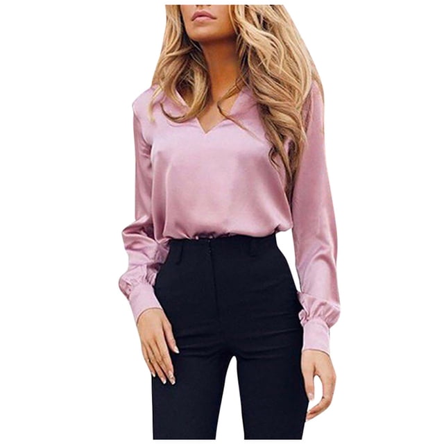 Camisas con botones de manga larga a la moda con cuello en V sólido informal para mujer Pompotops gfhjh5867