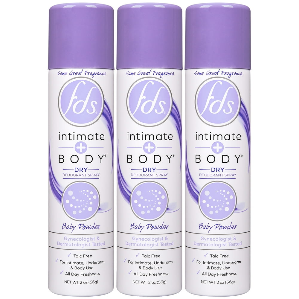 FDS Intimate + Body Dry Feminine Deodorant Spray, Baby Powder, 3 pack