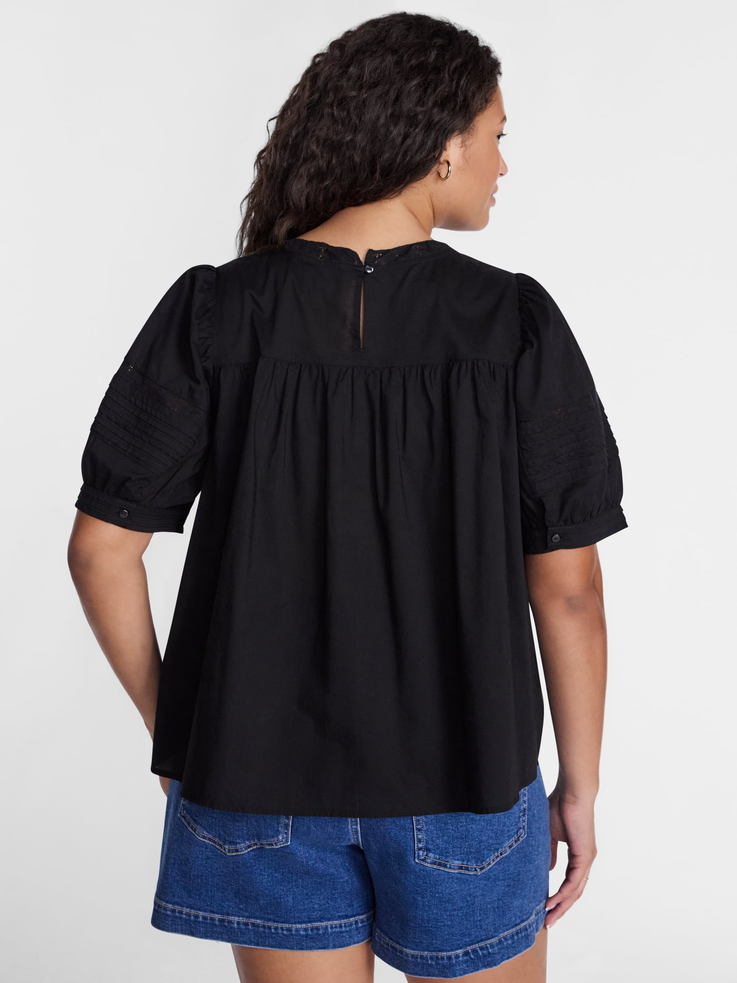 Terra & Sky Women's Plus Lace Trim Swing Top with Elbow Length Puff Sleeves, Sizes 0X-5X