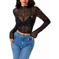 thumbnail image 2 of Women Rhinestone Sparkly Long Sleeve Sheer Crop Top See Through Shirt Glitter Going Out Tops Black L, 2 of 9