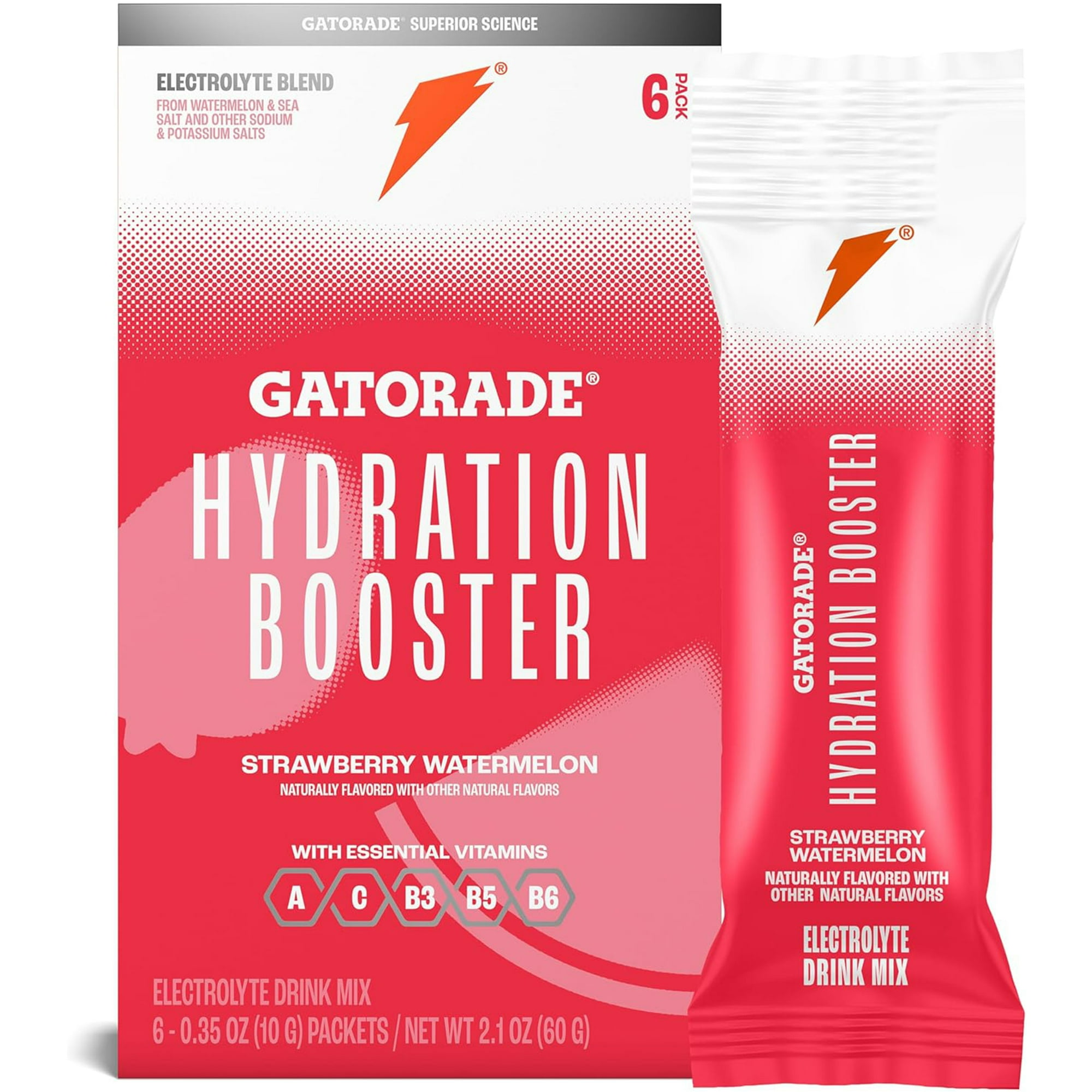 Gatorade Hydration Booster Electrolyte Drink Mix Powder, Strawberry Watermelon, 2.1 oz, 6 Pack
