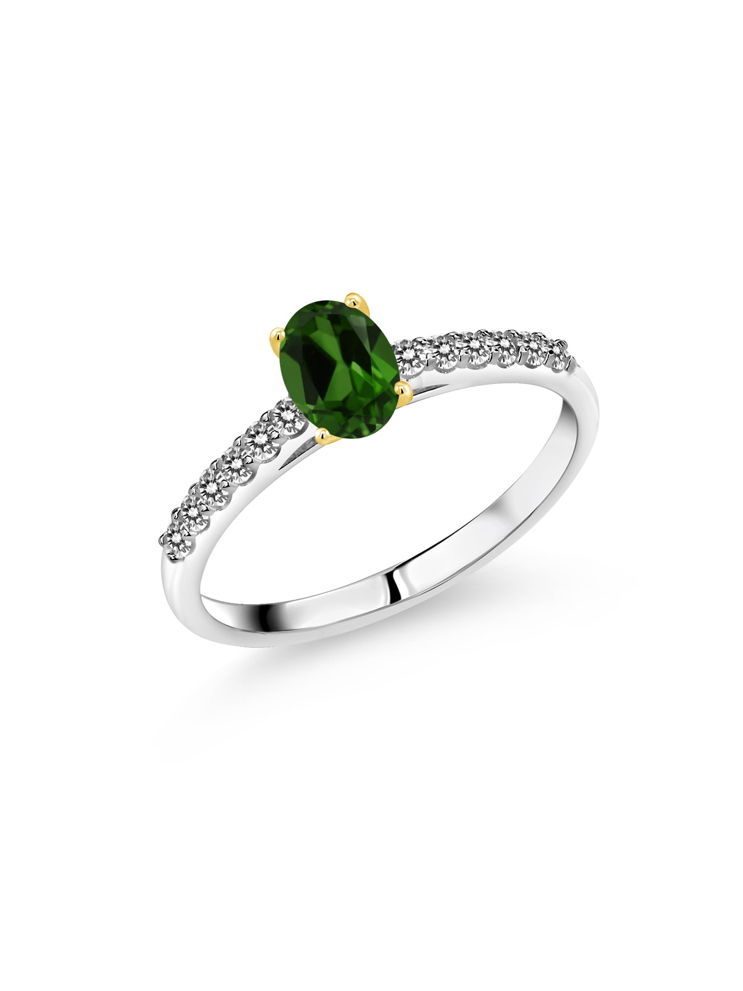 Gem Stone King 0.75 Ct Green Chrome Diopside White Diamond 925 Silver Ring  with 10K Yellow Gold Prongs