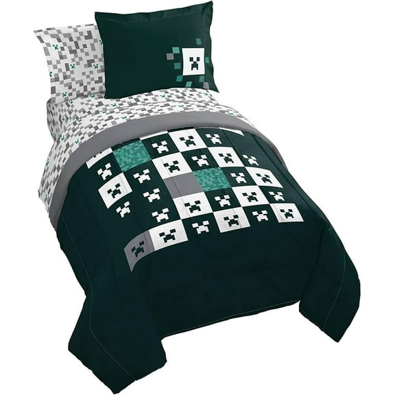 Minecraft Checkered Creeper 7 Piece Full Size Comforter Set with Shams - Kids & Teens Gaming Bedding Décor