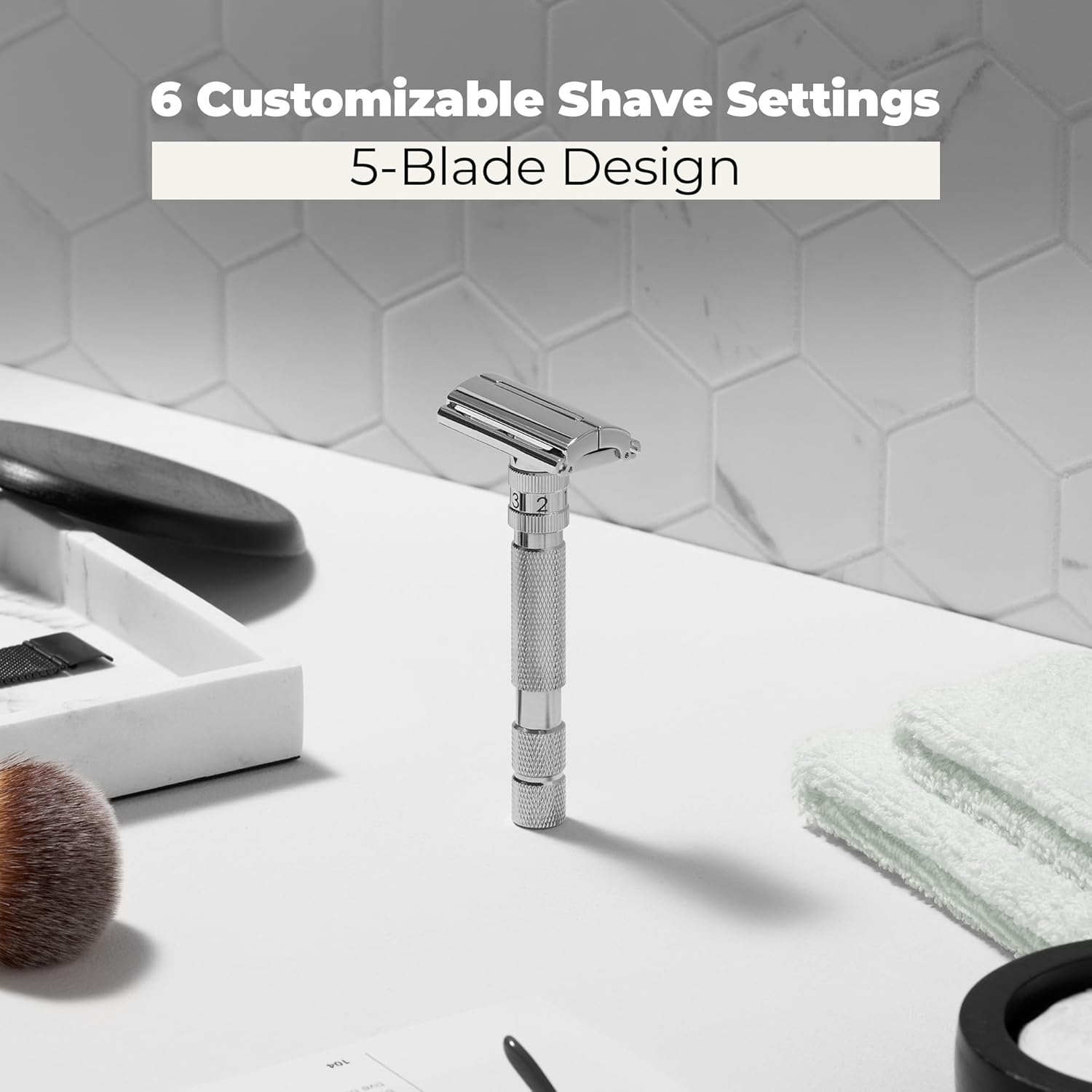 Rockwell Razors T2 Adjustable Safety Razor for Men with 5 Razor Blades, White Chrome
