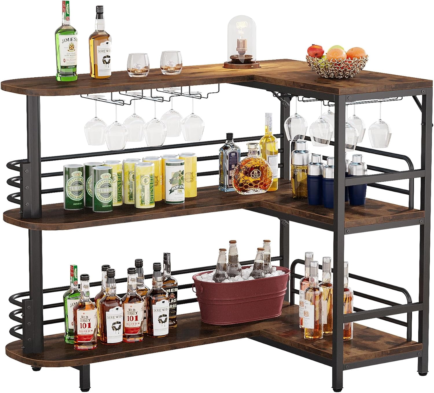 L-Shaped Bar Table, Home Bar with 6 Stemware Racks, Large Countertop, Sturdy Liquor Bar for Home Easy Assembly Rustic Brown & Matte Black