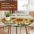 thumbnail image 5 of Round Fitted Tablecloths with Elastic Edge Hello Summer Blossom Sunflower Waterproof Wipeable Table Cover for Kitchen Dining Party Decor Retro Floral Green Leaves on Linen Table Clothes,55" - 60", 5 of 9