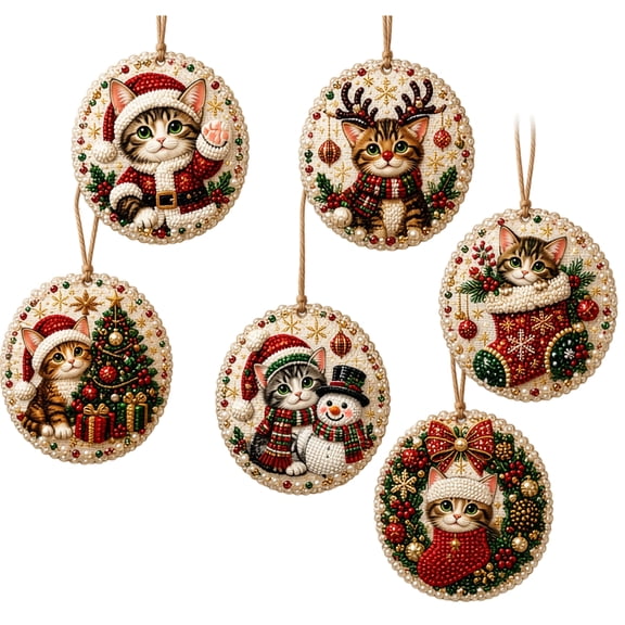 6Pcs Christmas Cat Diamond Art Ornaments Kit for Adults,5D DIY Pearl Diamond Painting Hanging Decor for Holiday Tree Decor