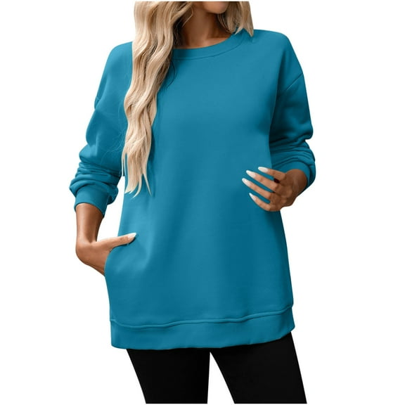Htigea Oversized Sweatshirts for Women Fleece Crewneck Pullover Long Sleeve Tops Casual Loose Athletic Shirts with Pockets Blue S