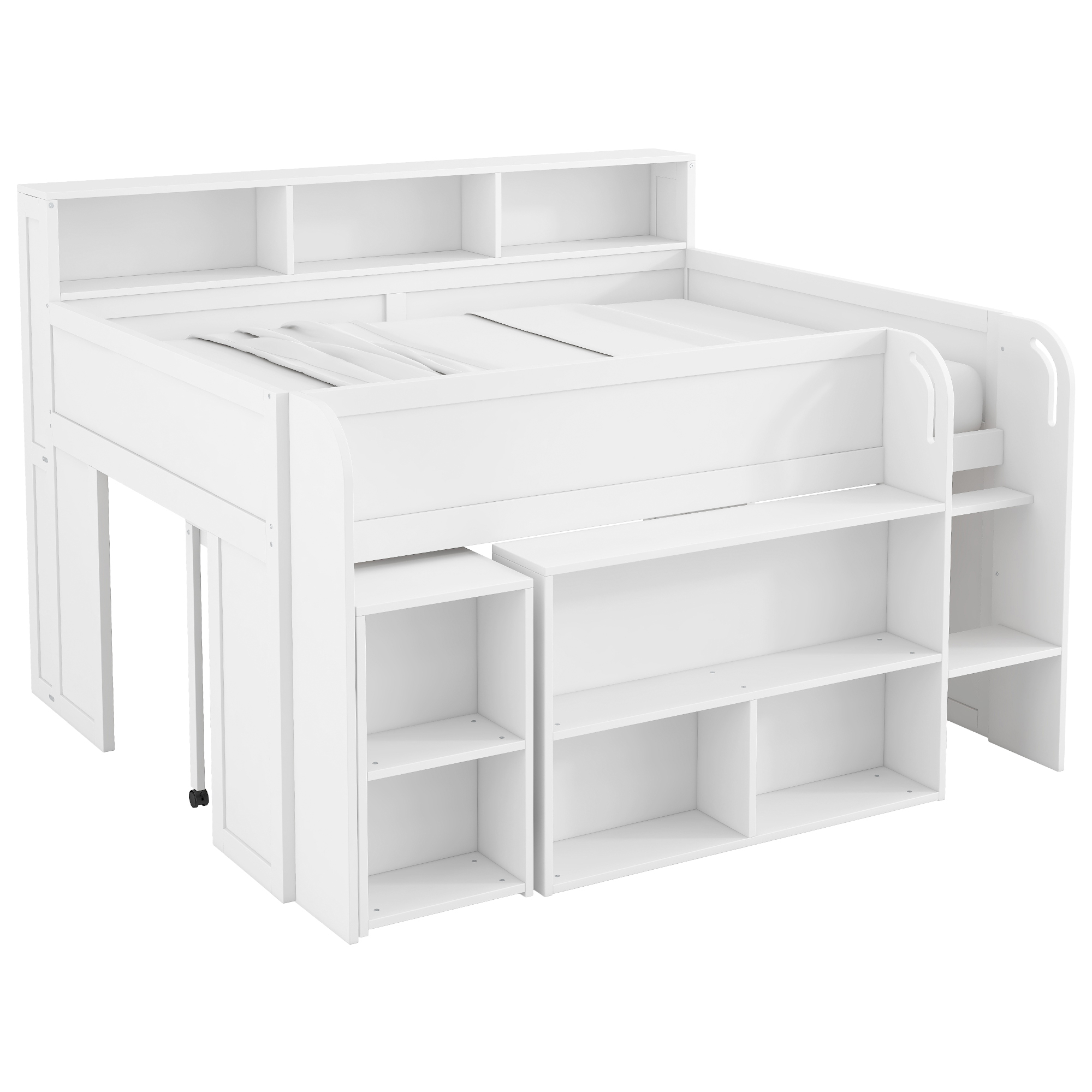 Euroco Wood Full Size Loft Bed with Storage Shelves Desk and LED Light, White