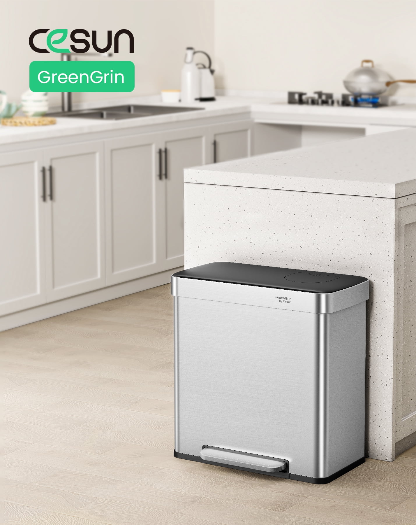 Cesun 16 Gal Dual Trash & Recycle Bin, Stainless Steel Step Kitchen Garbage Can, Push Flap, 30L+30L