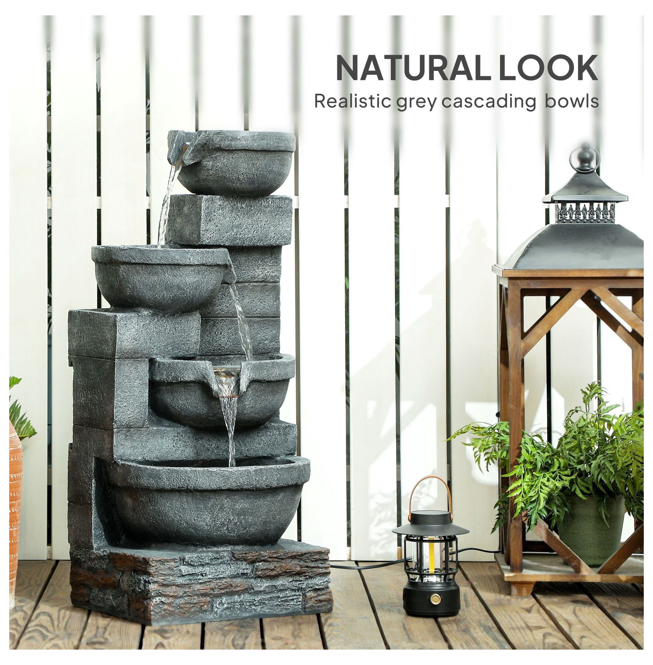 Outdoor Water Fountain 30" LED, 4-Tier Cascading Fountain for Garden, Patio, Backyard - Resin Waterfall Feature with Pump, Gray