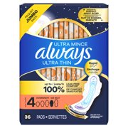 Always Ultra Thin Overnight Pads with Wings, Size 4, Overnight Absorbency, 36 Count