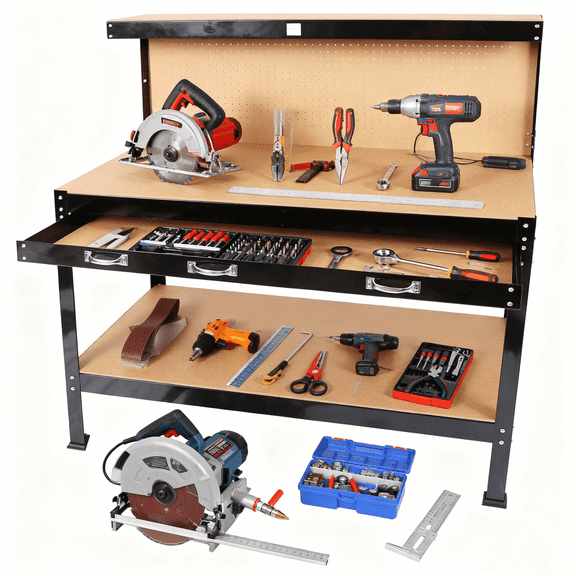 ENYOPRO Heavy Duty Garage Workbench ,Steel Frame Workshop Work Table ,with Pegboard, Tool Storage Drawers & Hooks,Multipurpose DIY Tool Organizer for Garage, Home & Workshop