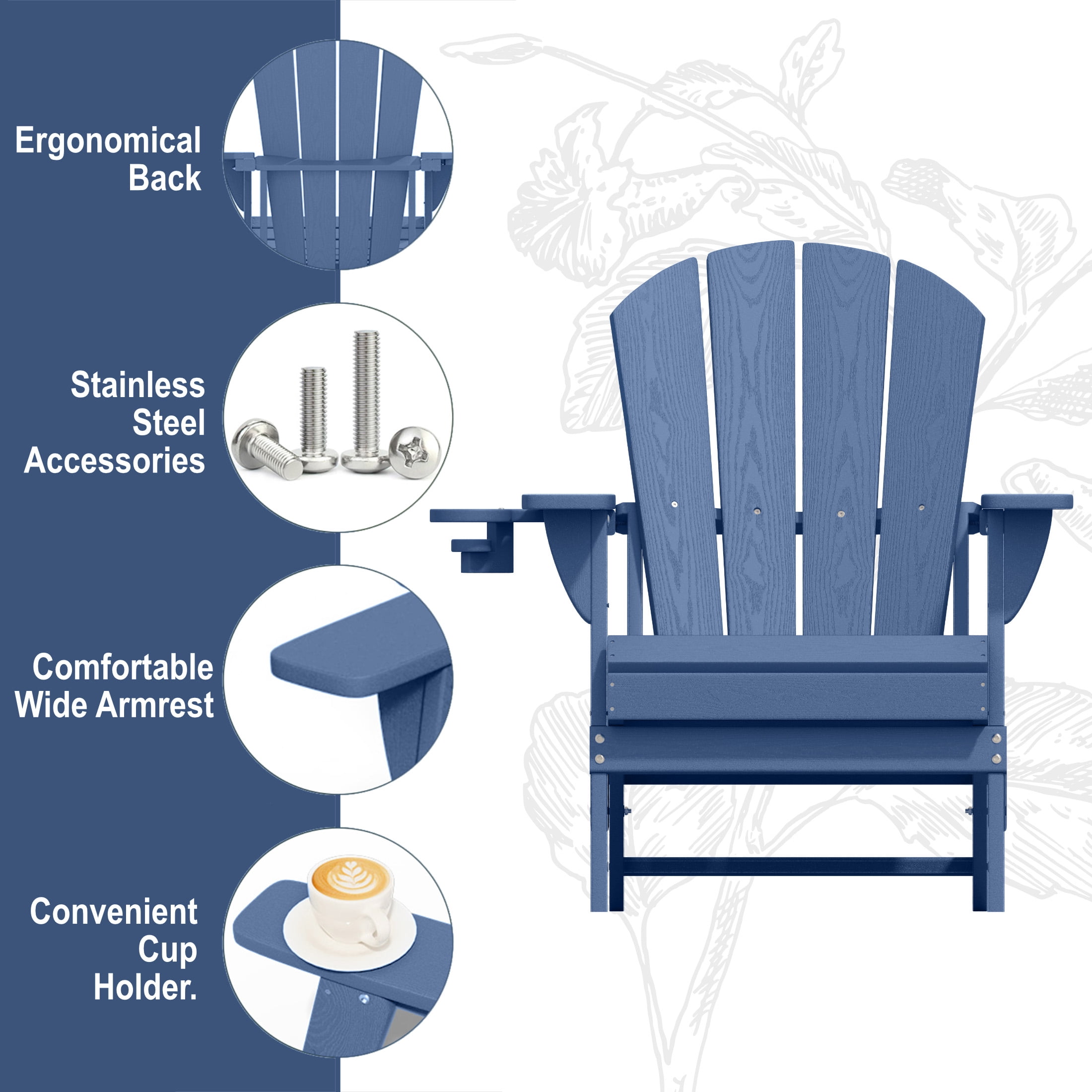 AreShark Adirondack Chair,HDPE All-Weather Patio Chairs Outdoor with Cup Holder, Lawn Chair with Weather Resistant for Outside Deck Lawn Garden, Weight Capacity Up to 380 Lbs –Navy