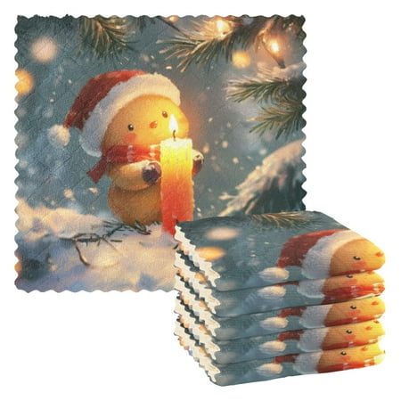 6 Pieces of Kitchen Towels 11x11Inch Kitchen Dish Cloths Kitchen Dish Towels Reuseable Cleaning Cloths Cartoon Snowman Candle Picture