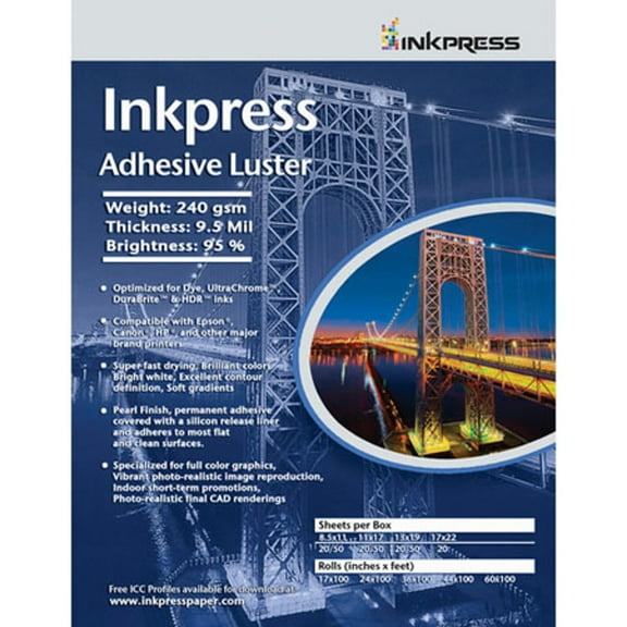 Inkpress Adhesive Luster Inkjet Paper, 240 gsm Weight, 95% Brightness, 9.5 mil Thickness, 13x19", 20 Sheets