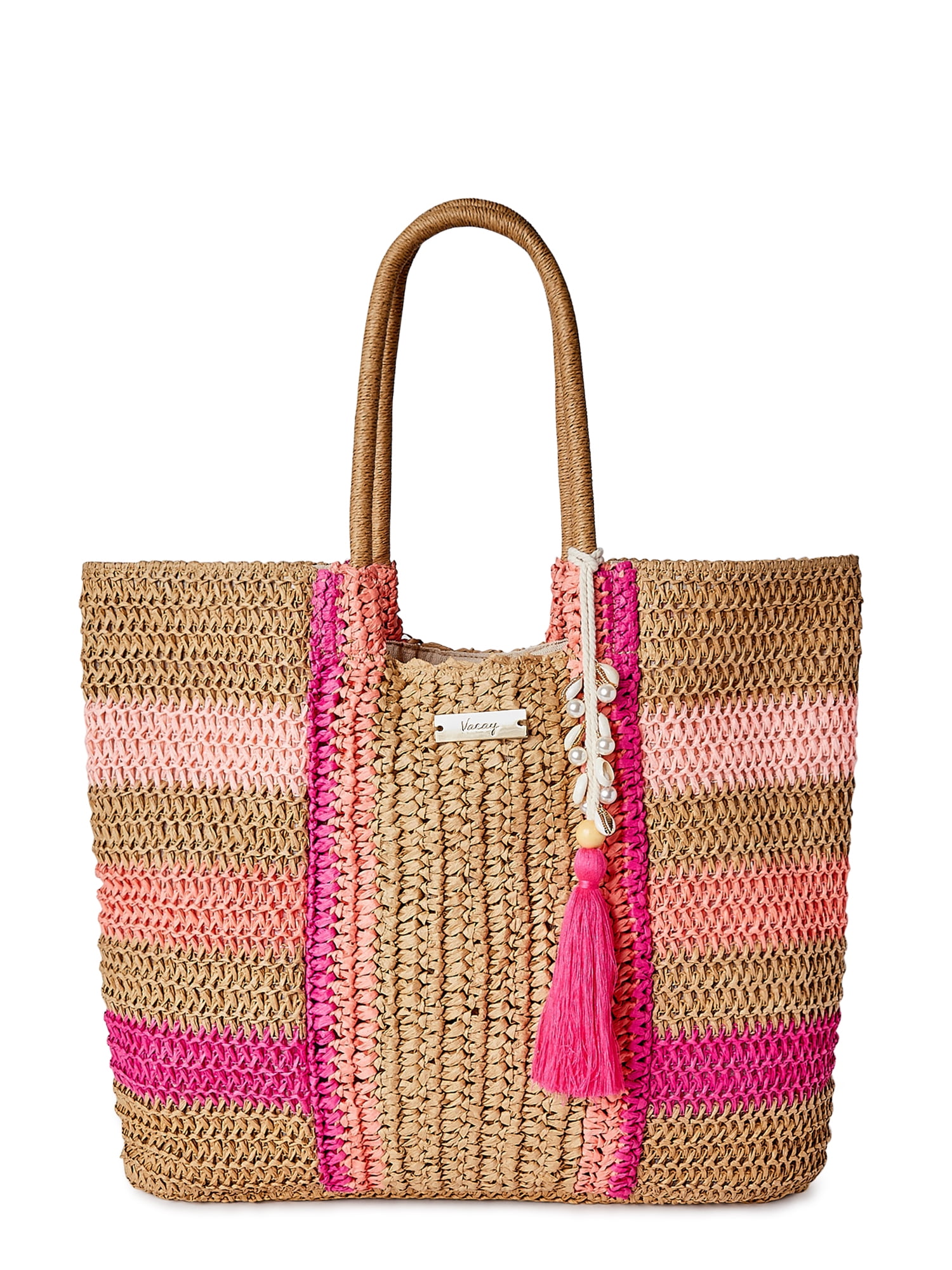 Time and Tru Women's Raffia Bondi Tote Bag Shocking Pink Multi – BrickSeek