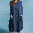 thumbnail image 2 of SMihono Solid Color Long Dresses for Women Fashion Casual Crew Neck Long Sleeve Cotton Linen Mid Calf Dresses for Women Pocket Female Outwear Navy L, 2 of 8