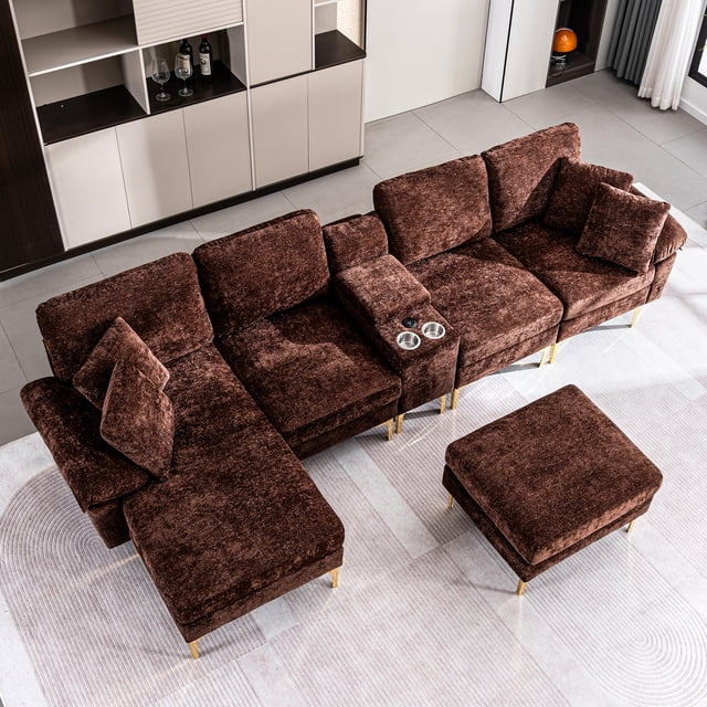 Noble House Canapé Sectionnel en Forme de U en Forme de Nuage, Équipé d'Un Fauteuil Inclinable Simple et d'Un Repose-Pieds Mobile, interface USB, Brun