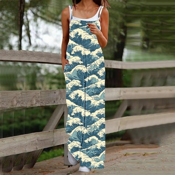 LEBONYARD Women's Overalls in Linen Material,Women's Casual Sleeveless Strap Printed Spaghetti High Waist Wide Leg Jumpsuit Rompers with Pocket Multicolor S