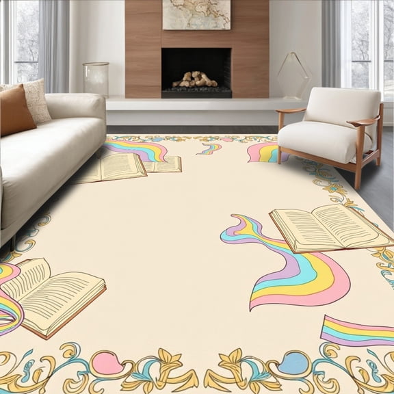 ODIKA 3'x5' Machine Washable Non-Slip Area Rug, Story Time Crawling Space with Book Inspired Motif Illustrations High Traffic Rug with Pad, Ivory, 693556