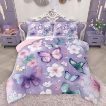 Homewish Dreamy Purple Butterfly Bedding Comforter Set for Teens, Kawaii Blossoms Flower Twin Comforter Sets, Cute Cartoon Animal Reversible Bedding Set, Microfiber Bedroom Decor, 2 Pieces