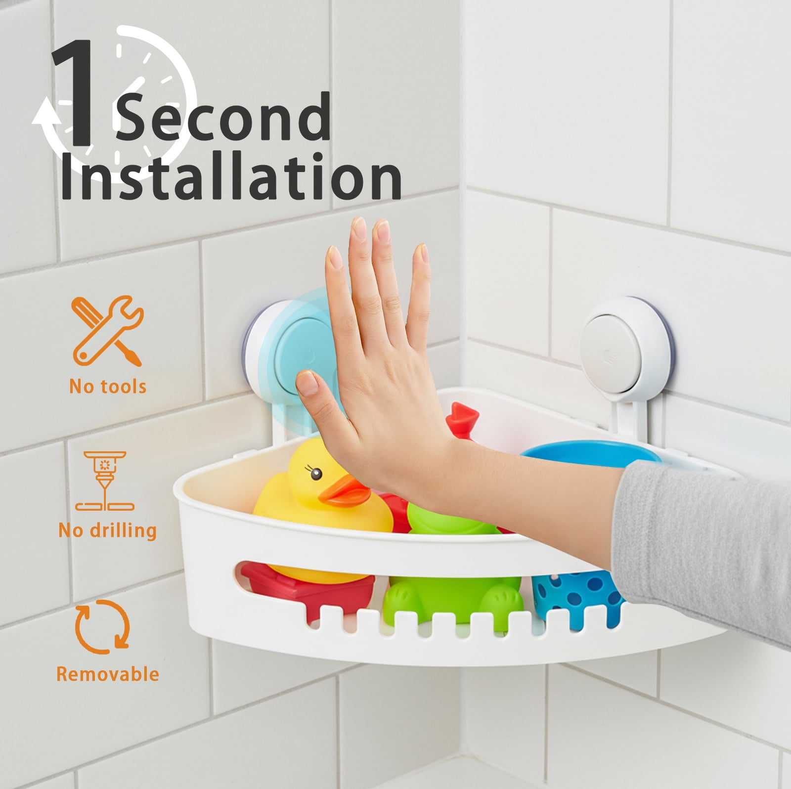 Pethiy Corner Bath Toy Organizer with Suction Cups & Drainage Holes, Space-Saving Bath Toy Storage Basket for Kids’ Bathroom (White)