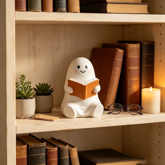 Miwamany Halloween Reading Ghost Resin Figurine Smiling Blush Sitting Ghost Holding Book,Halloween Desktop Statue for Mantel Shelf Bedroom Party Scene Decor
