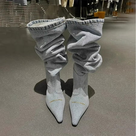 

Women Washed Denim Boots Pointed Toe Slip On Slouch Boots Stiletto Heel Knee High Boots