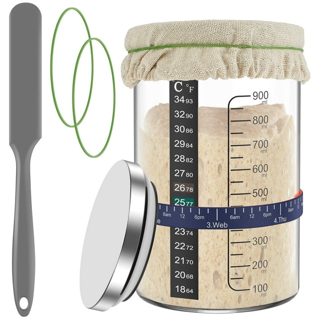 Tcwhniev Kit de Frasco de Inicio de Masa Madre de 5 Pzas con Escala, Tanque de Fermentación de Vidrio con Tapa y Cuchara, Espátula y Termómetro de Silicona, Frasco de Masa Madre Reutilizable para Hor