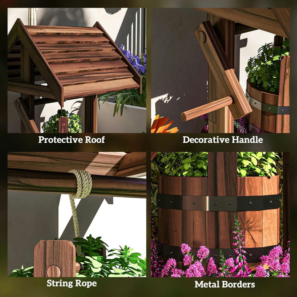 Resenkos Wood Wishing Well for Outside with Hanging Bucket, Wishing Well Planter with Drain Hole for Garden Patio, Carbonized